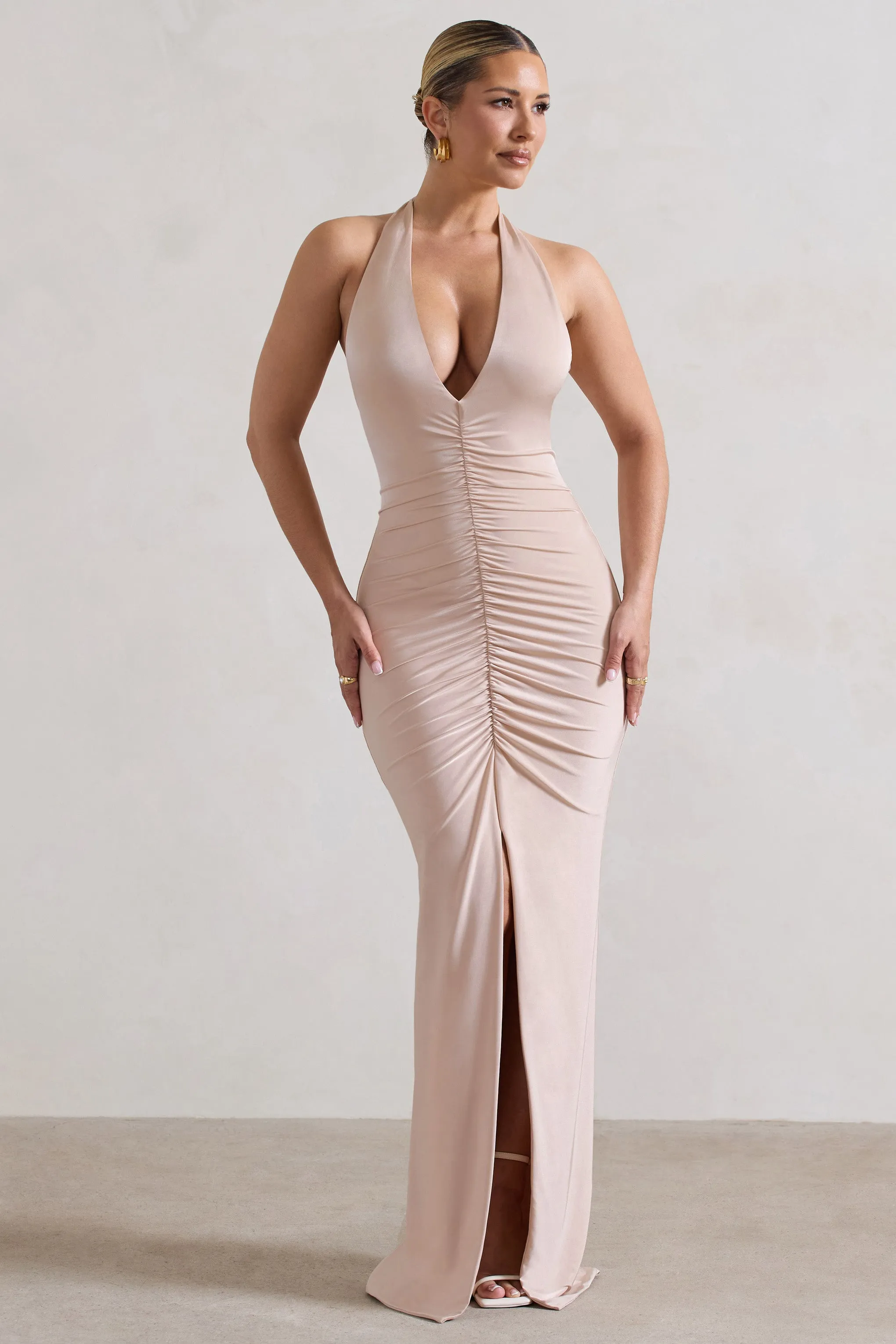 Rachel | Champagne Ruched Halter-Neck Split Maxi Dress