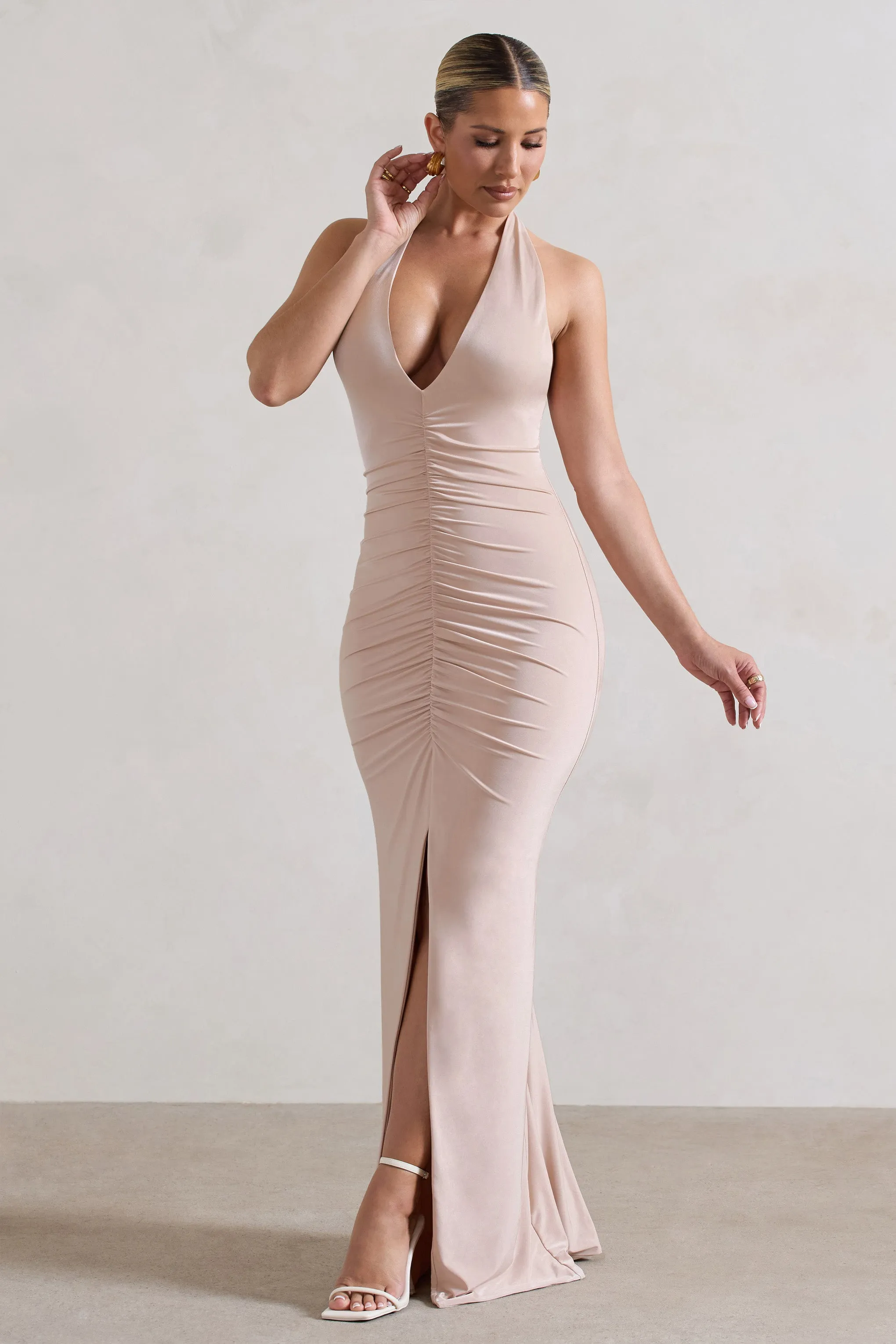 Rachel | Champagne Ruched Halter-Neck Split Maxi Dress