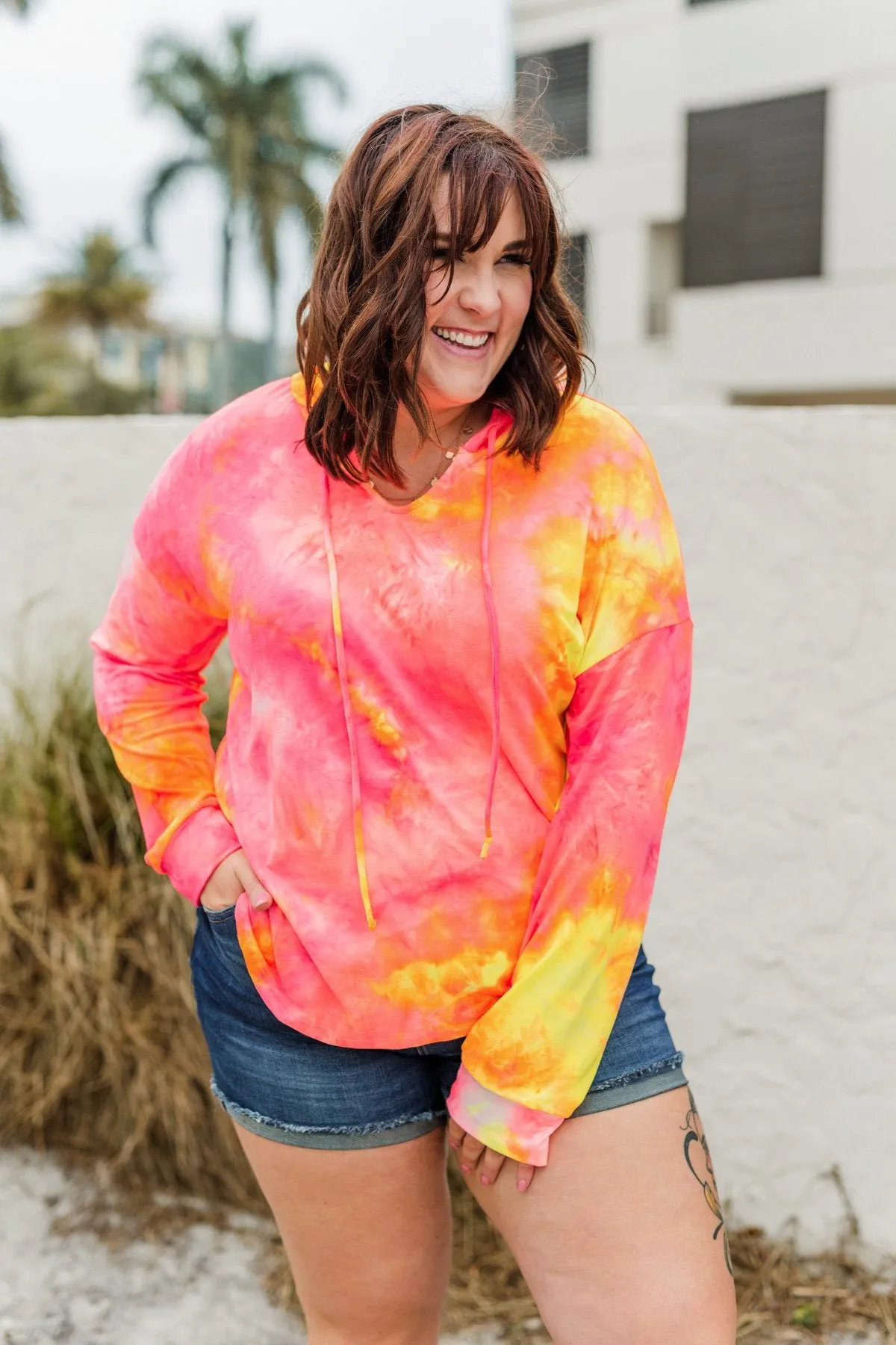 Shimmering Skies Drawstring Hoodie- Pink & Yellow