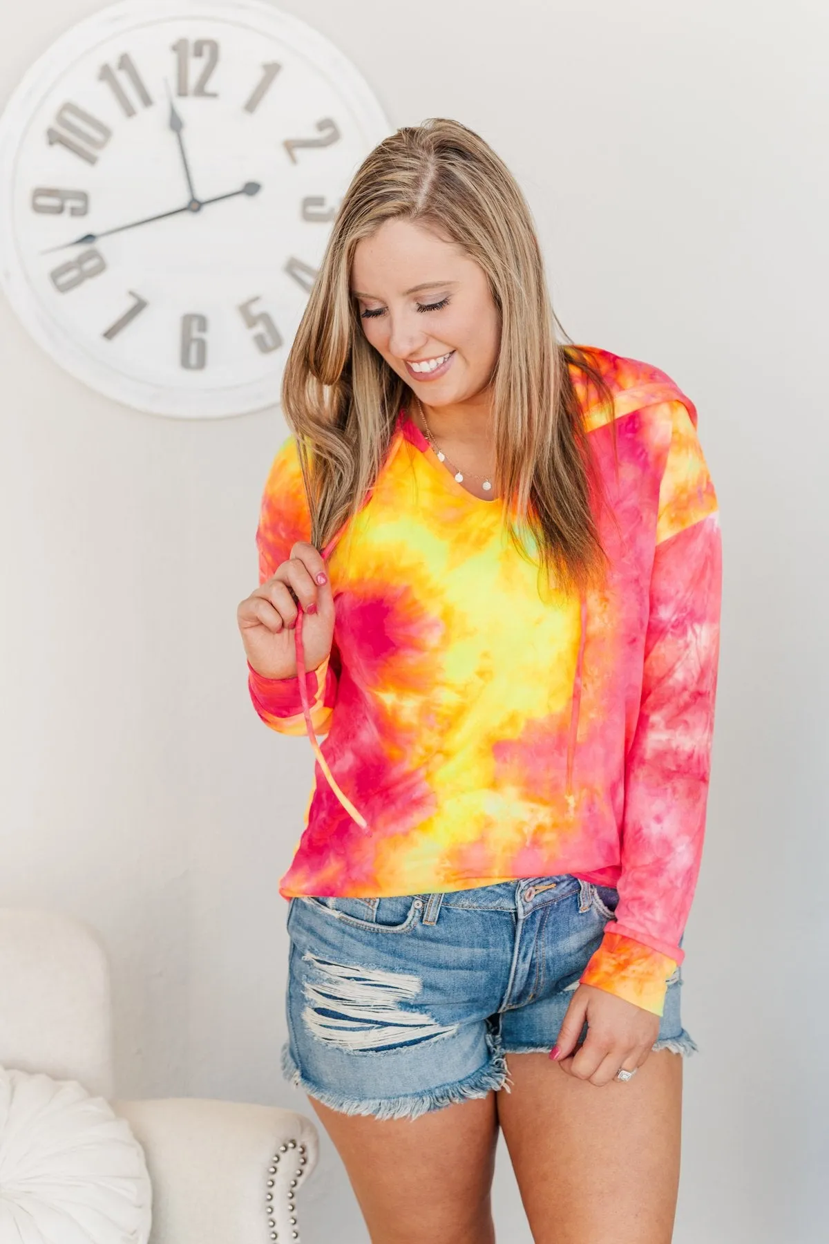 Shimmering Skies Drawstring Hoodie- Pink & Yellow