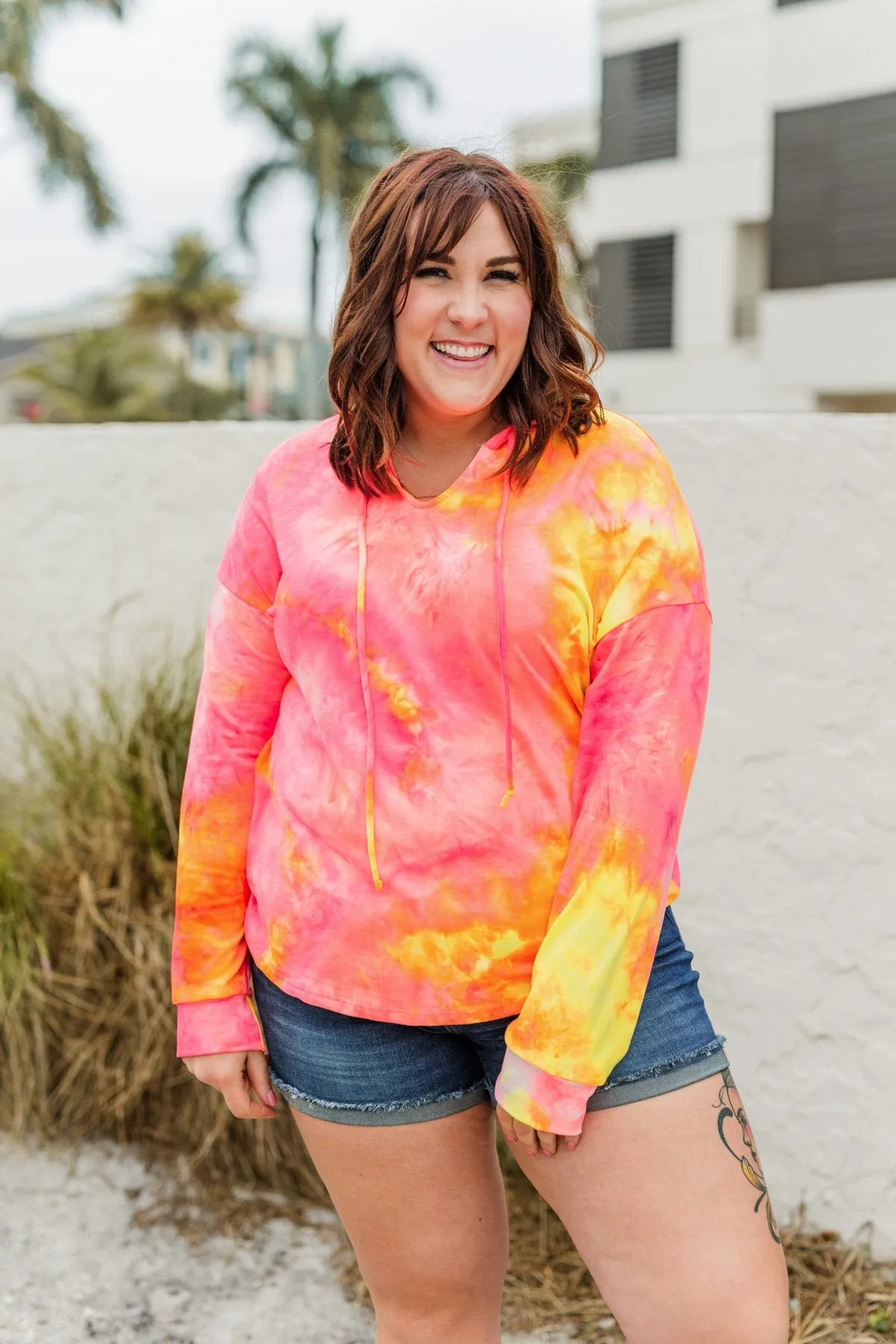 Shimmering Skies Drawstring Hoodie- Pink & Yellow