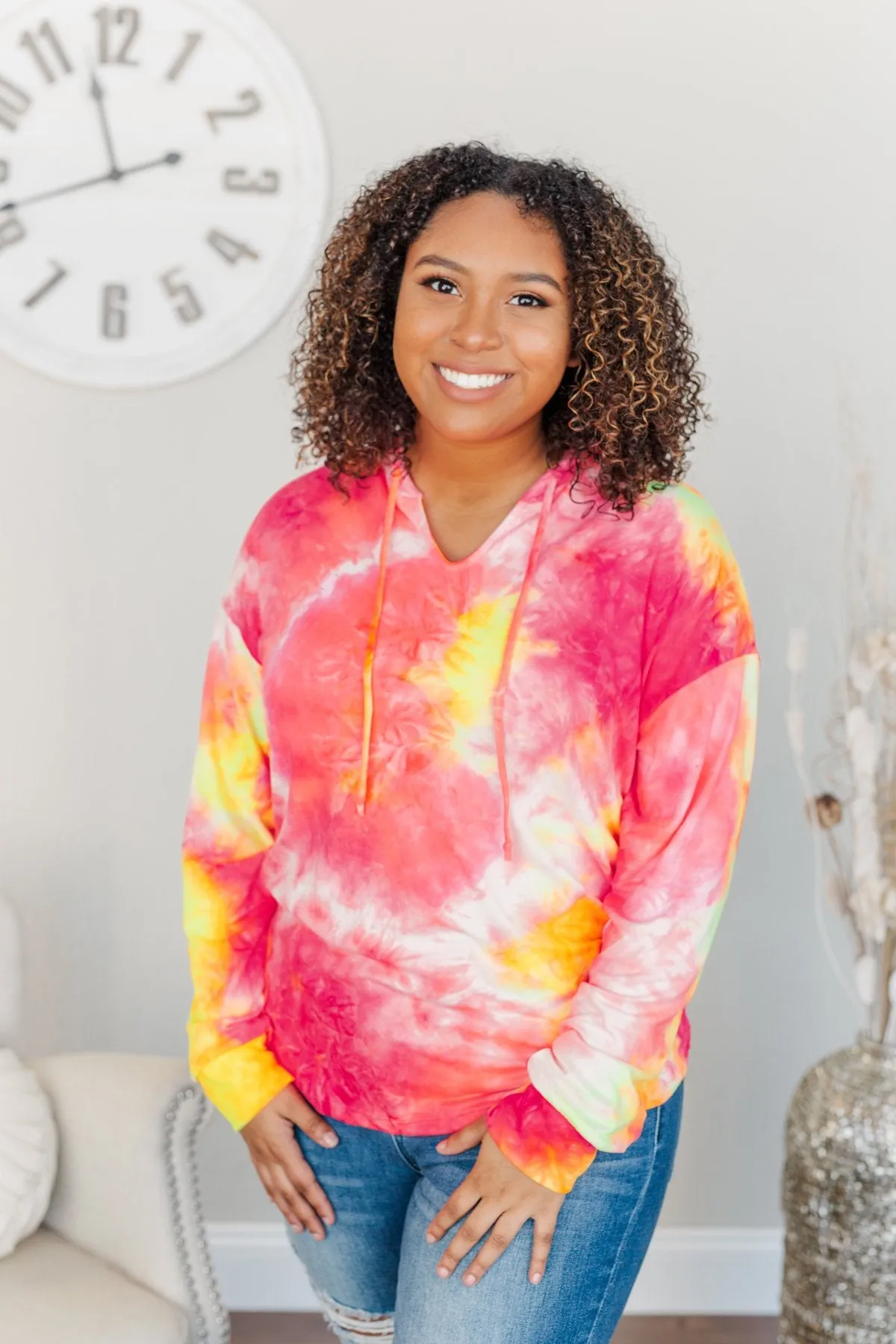 Shimmering Skies Drawstring Hoodie- Pink & Yellow