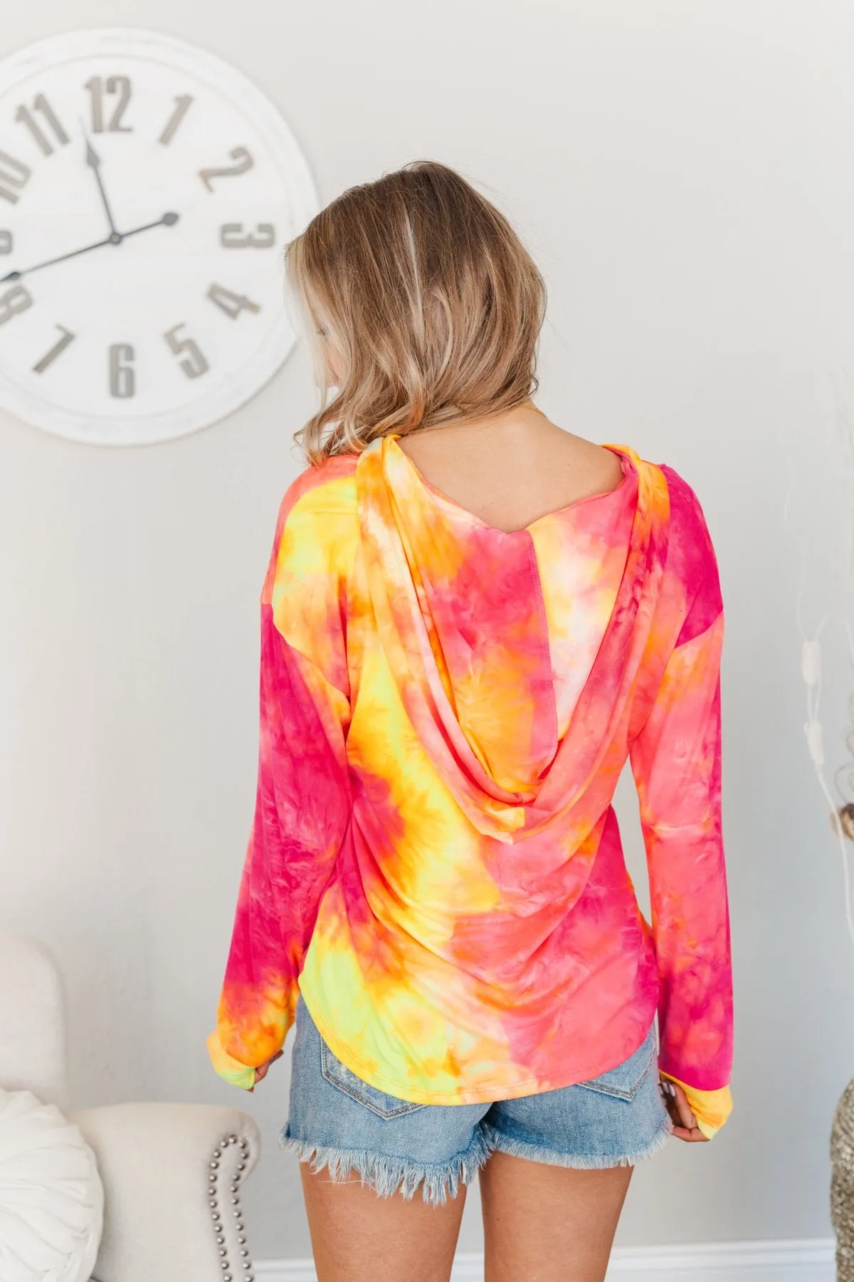 Shimmering Skies Drawstring Hoodie- Pink & Yellow