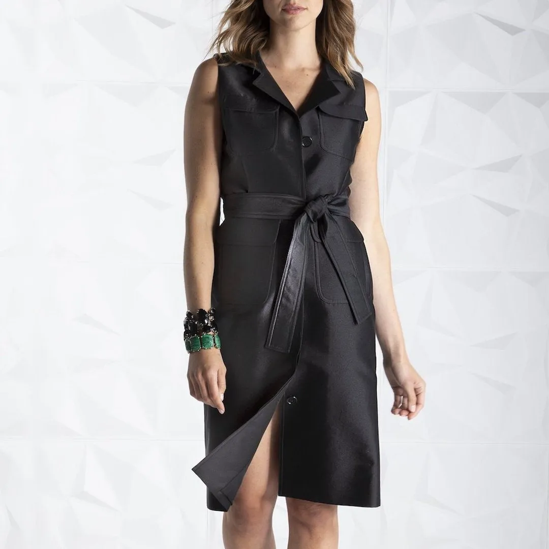 Sleeveless Safari Dress, Black Silk/Cotton