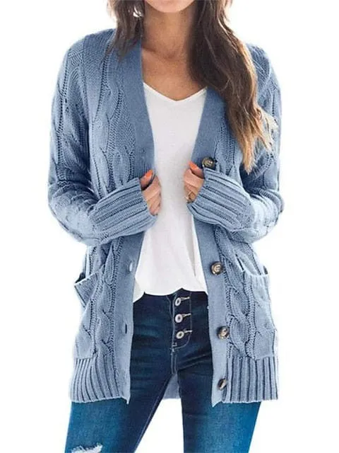 Stylish Women's Cable-Knit Buttoned Cardigan with Pockets