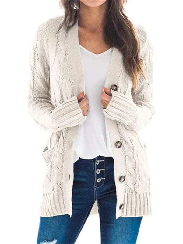 Stylish Women's Cable-Knit Buttoned Cardigan with Pockets