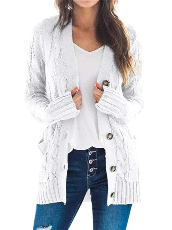 Stylish Women's Cable-Knit Buttoned Cardigan with Pockets