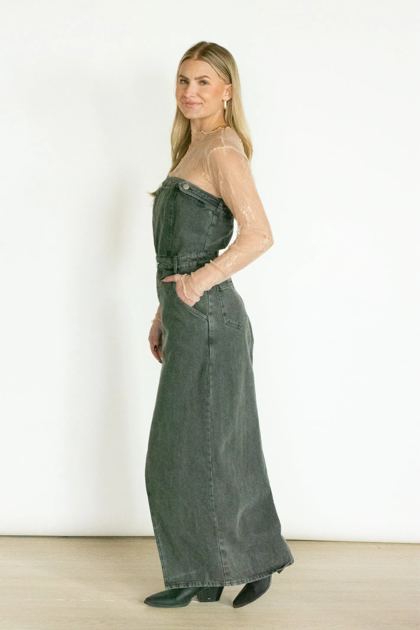 Try and Keep Up Charcoal Denim Strapless Dress