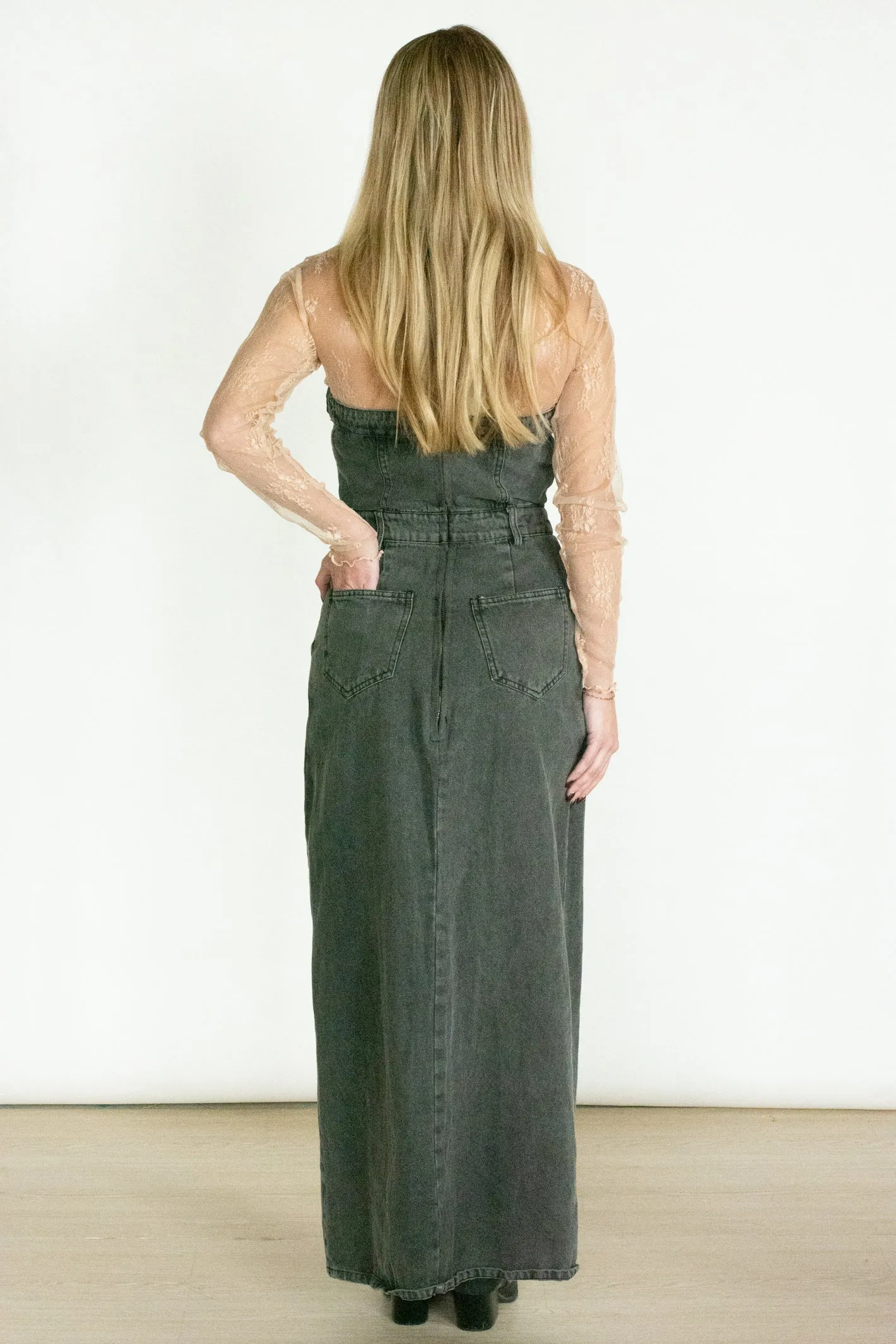 Try and Keep Up Charcoal Denim Strapless Dress