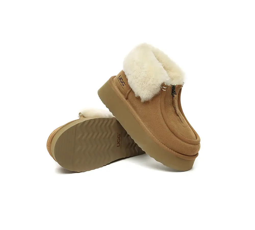 UGG AUSTRALIAN SHEPHERD Sheepskin Wool Collar Zipper Platform Mini Ankle Boots