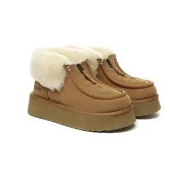 UGG AUSTRALIAN SHEPHERD Sheepskin Wool Collar Zipper Platform Mini Ankle Boots