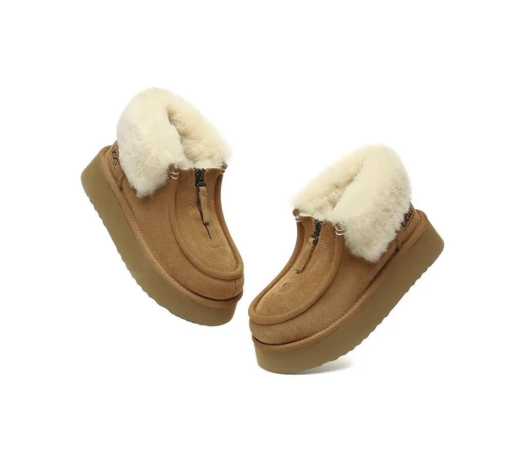 UGG AUSTRALIAN SHEPHERD Sheepskin Wool Collar Zipper Platform Mini Ankle Boots