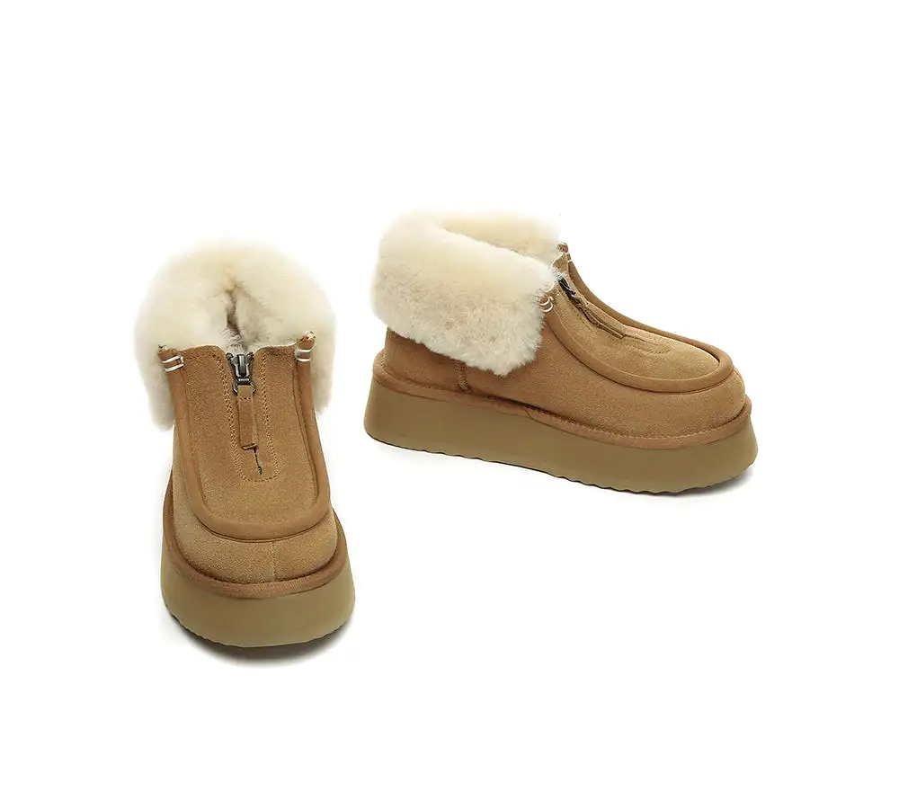 UGG AUSTRALIAN SHEPHERD Sheepskin Wool Collar Zipper Platform Mini Ankle Boots