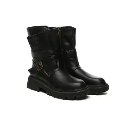 UGG AUSTRALIAN SHEPHERD Women Black Zipper Leather Block Heel Boots Jamie