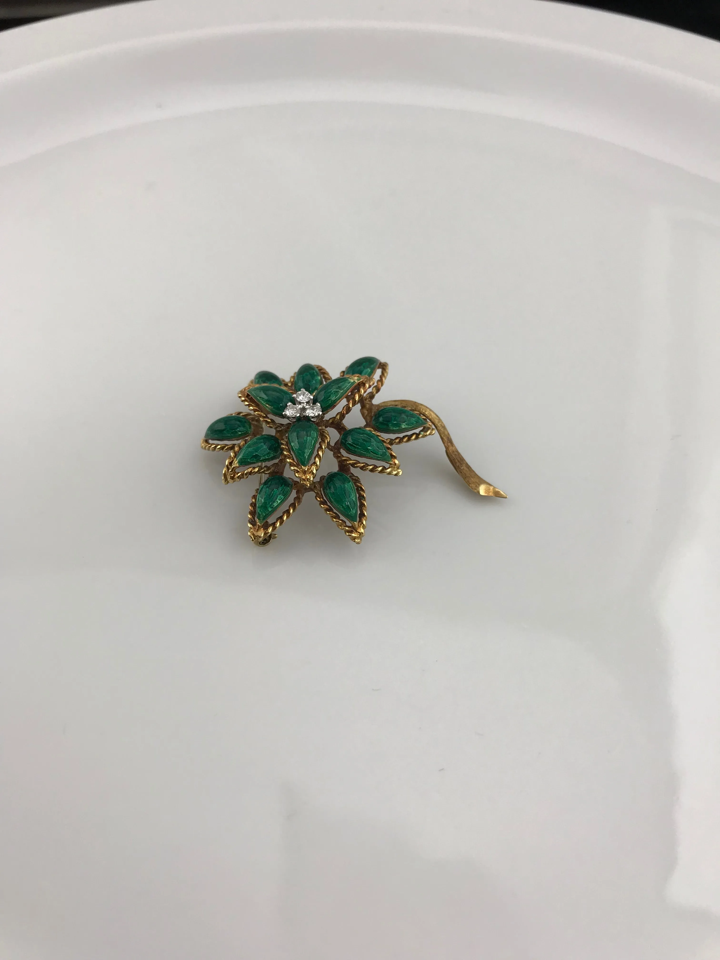 Vintage Tiffany & Co. 18K Yellow Gold & Green Enamel Diamond Flower Brooch, this is Pre-Owned Item #341912C