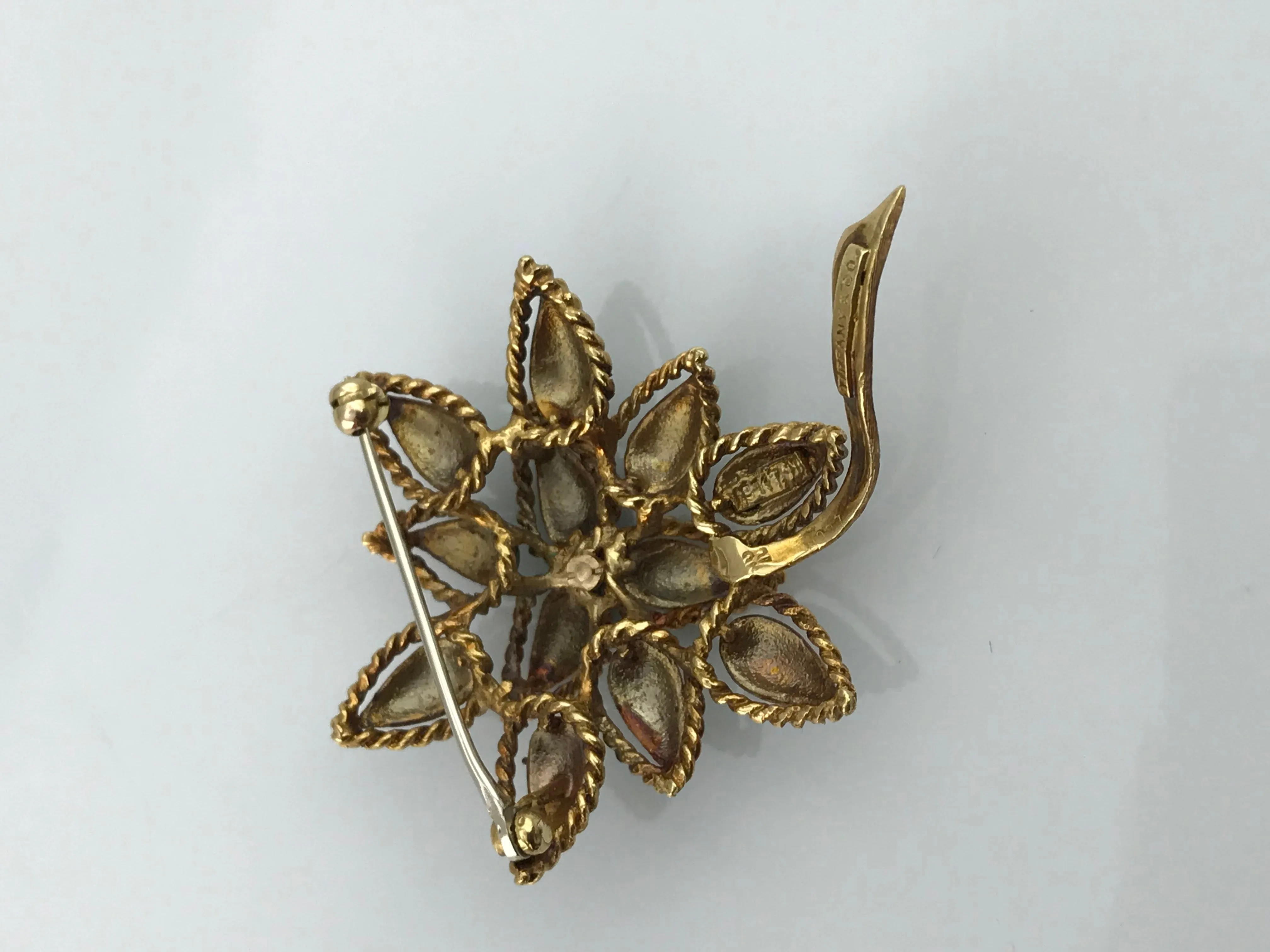 Vintage Tiffany & Co. 18K Yellow Gold & Green Enamel Diamond Flower Brooch, this is Pre-Owned Item #341912C