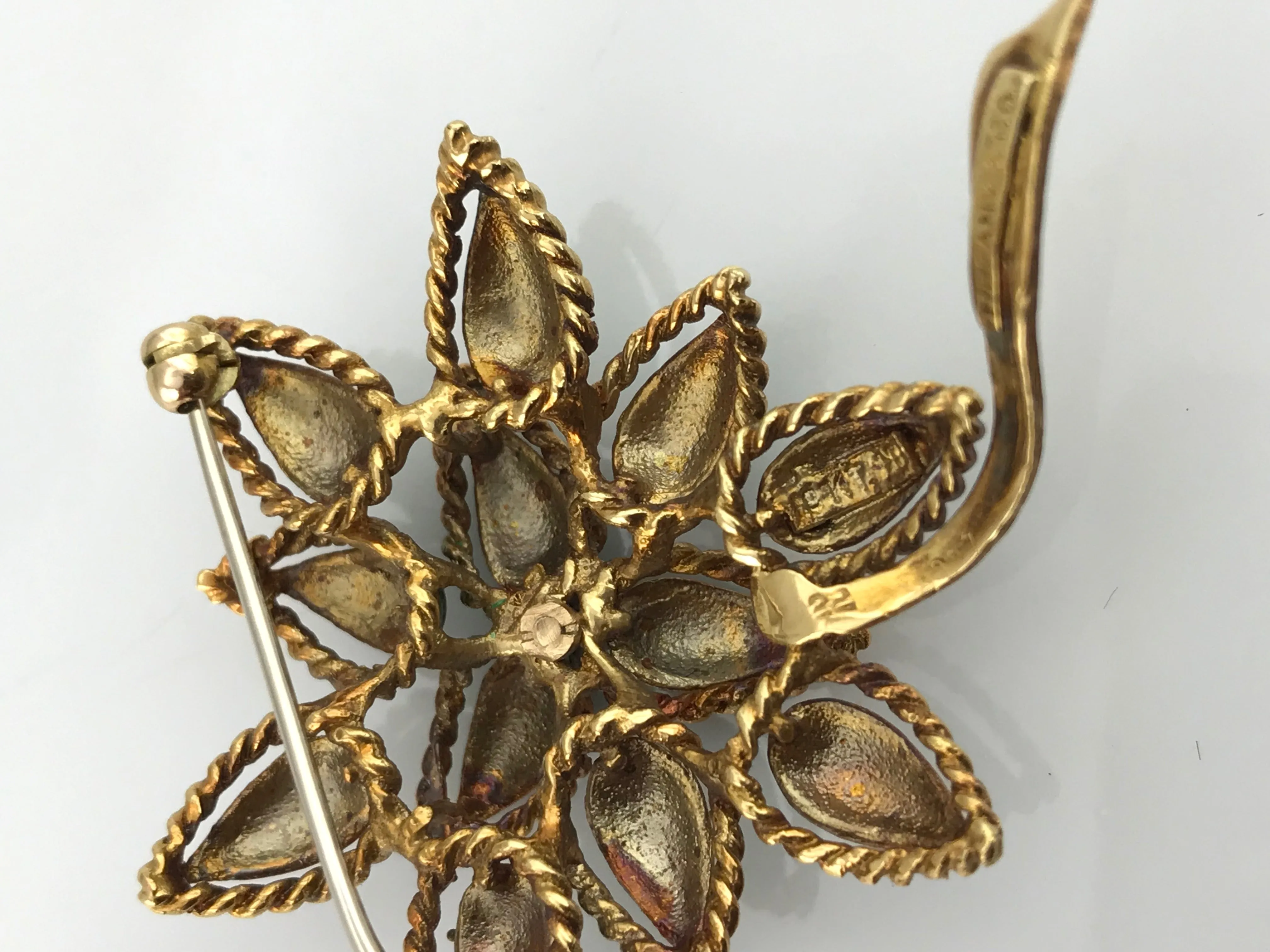 Vintage Tiffany & Co. 18K Yellow Gold & Green Enamel Diamond Flower Brooch, this is Pre-Owned Item #341912C