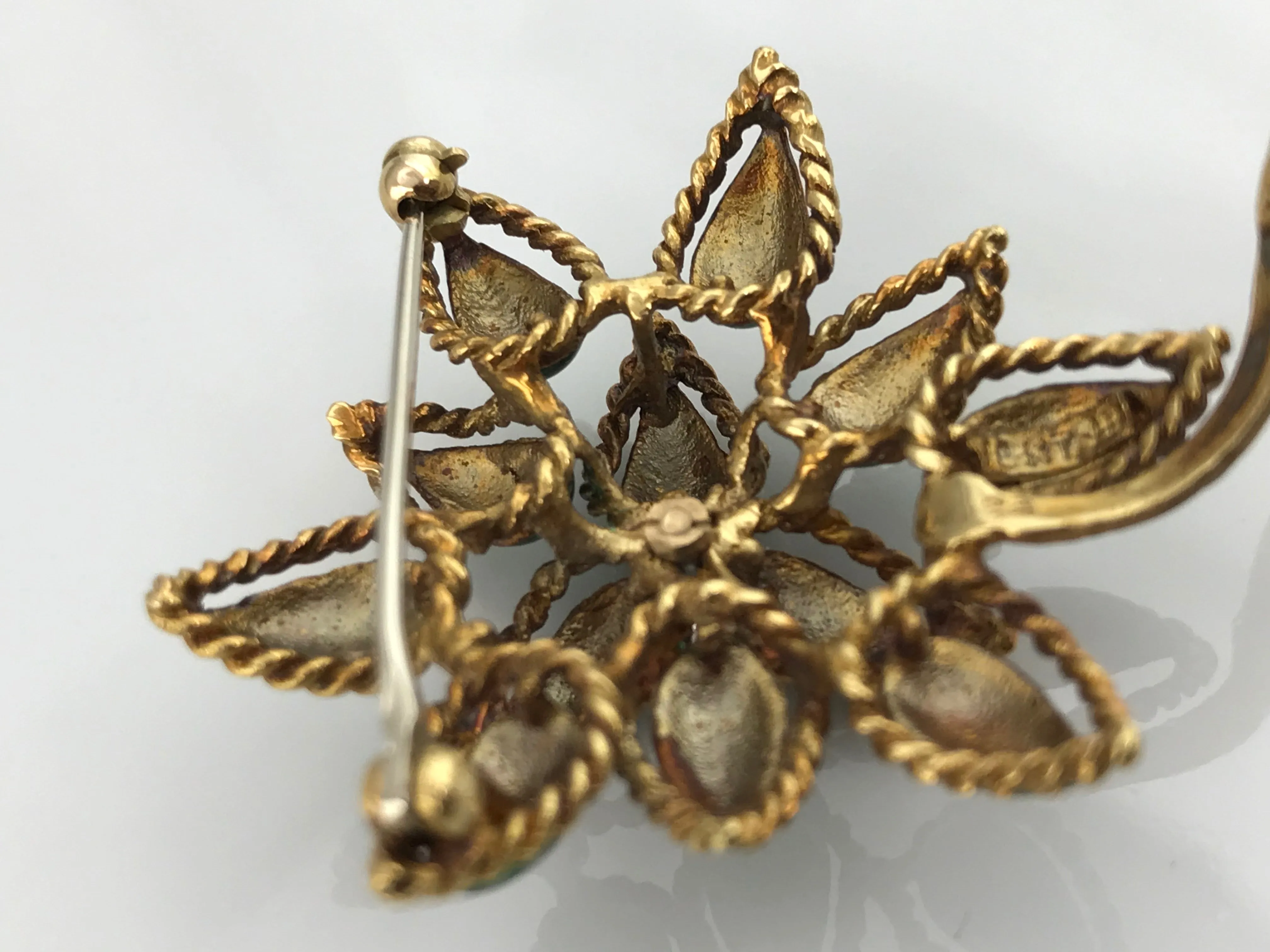 Vintage Tiffany & Co. 18K Yellow Gold & Green Enamel Diamond Flower Brooch, this is Pre-Owned Item #341912C