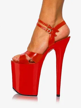 Women Sexy Sandals Red PU Leather Round Toe 3.9 Buckle 7.9 Sexy Shoes